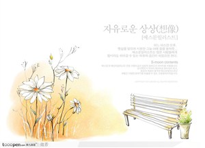 手绘白色淡雅花卉和公园长椅