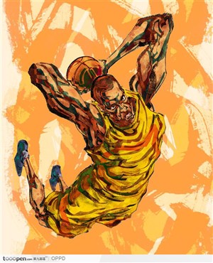体育馆运动中心展板-手绘水彩NBA体育运动员扣篮俯视