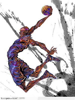 体育馆运动中心展板-手绘水彩NBA体育运动员扣篮动态动作