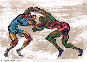体育馆运动中心展板-手绘水彩奥运国家摔跤队运动员