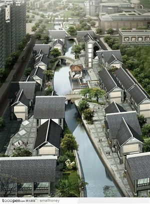 房地产广告效果图-清晨的现代都市建筑高楼绿化