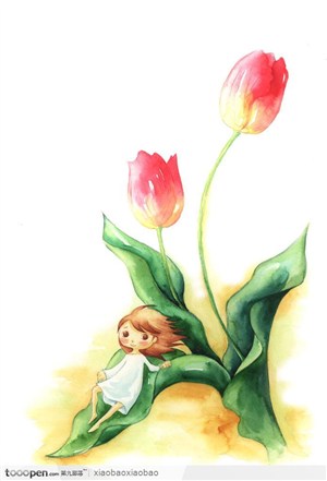 手绘郁金香躺在叶子上的小女孩