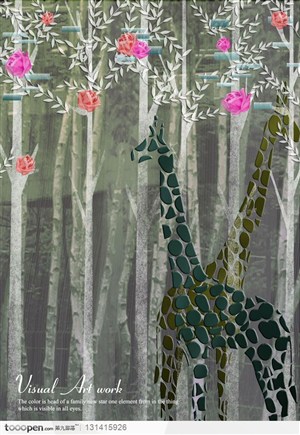 手绘花纹-手绘树林背景上的手绘长颈鹿