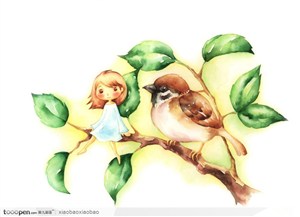 手绘童话素材树枝上的拇指姑娘和小燕子