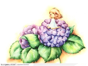 手绘童话插画素材绣球花上的拇指姑娘