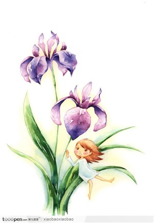 手绘童话插画素材紫鸳花上的拇指姑娘