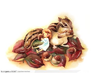 手绘童话插画素材吃着坚果的拇指姑娘和松鼠