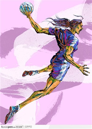体育馆运动中心展板-手绘水彩国家级女子排球运动员抢球