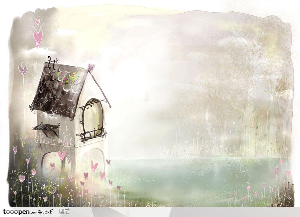 手绘屹立在湖边的小房子