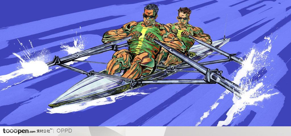 体育馆运动中心展板-手绘水彩国家级双人皮艇运动员