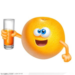 有趣的橙子卡通水果形象手拿装有橙汁的玻璃杯