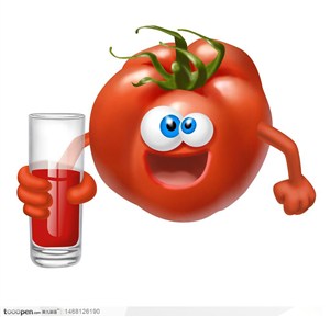 有趣的西红柿卡通水果形象装有番茄汁的玻璃杯