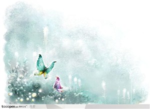 手绘蝴蝶和水墨花卉背景底纹