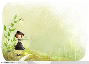 手绘拿着绿色树枝穿着黑裙子的小女孩