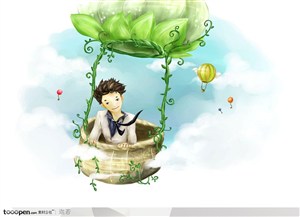 手绘坐在绿色气球上的男孩