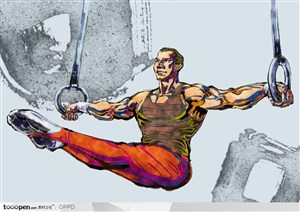 体育馆运动中心展板-手绘水彩国家级男子吊环运动员