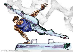 体育馆运动中心展板-手绘水彩国家级男子鞍马运动员接球