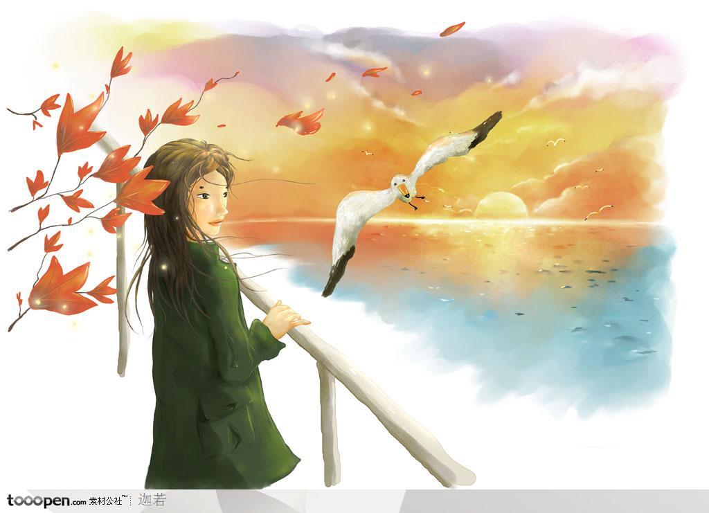 手绘站在栏杆旁看海的女孩和飞翔的海鸥