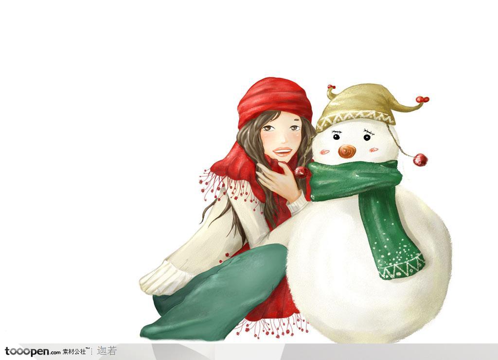 手绘和雪人蹲在一起的女孩
