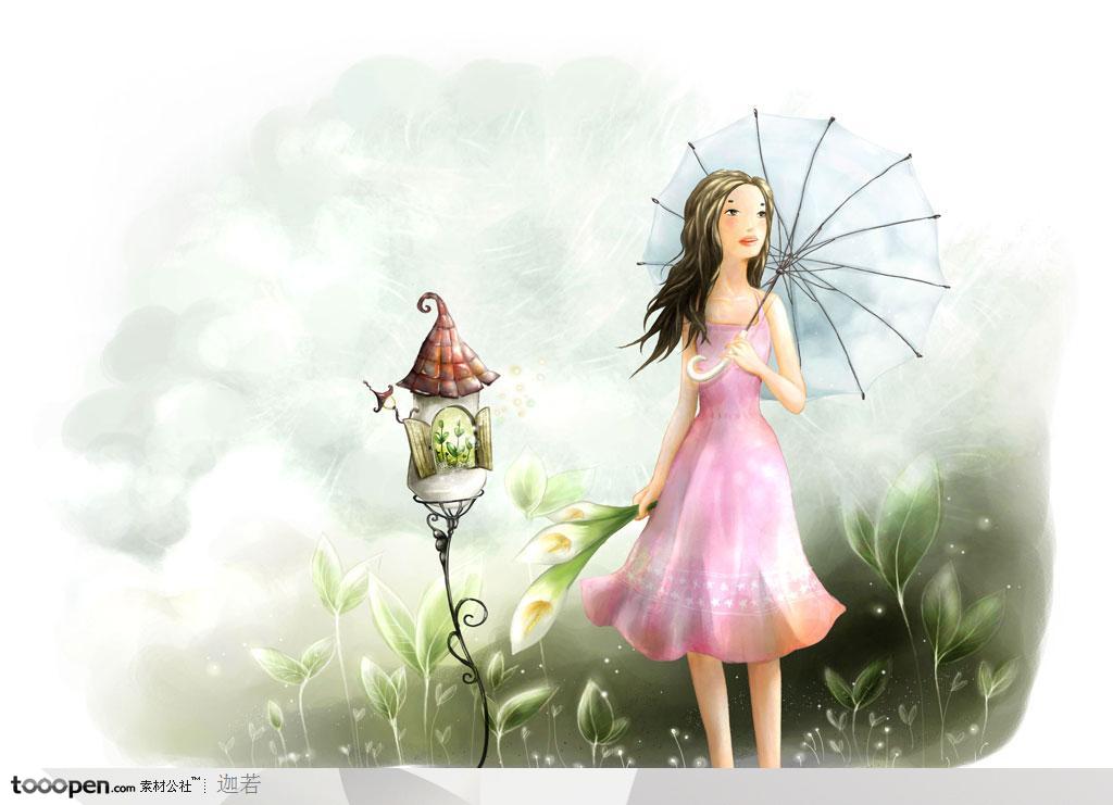 手绘撑着伞拿着白色花卉的女孩