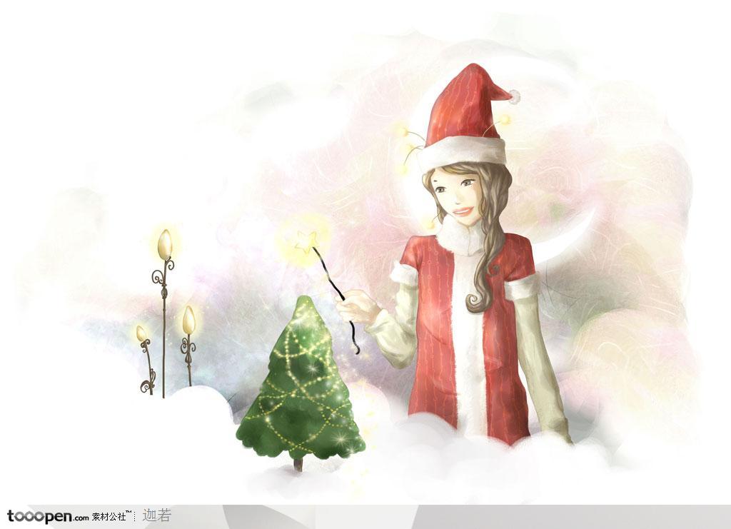 手绘戴着红色圣诞帽拿着星星玩具的女孩
