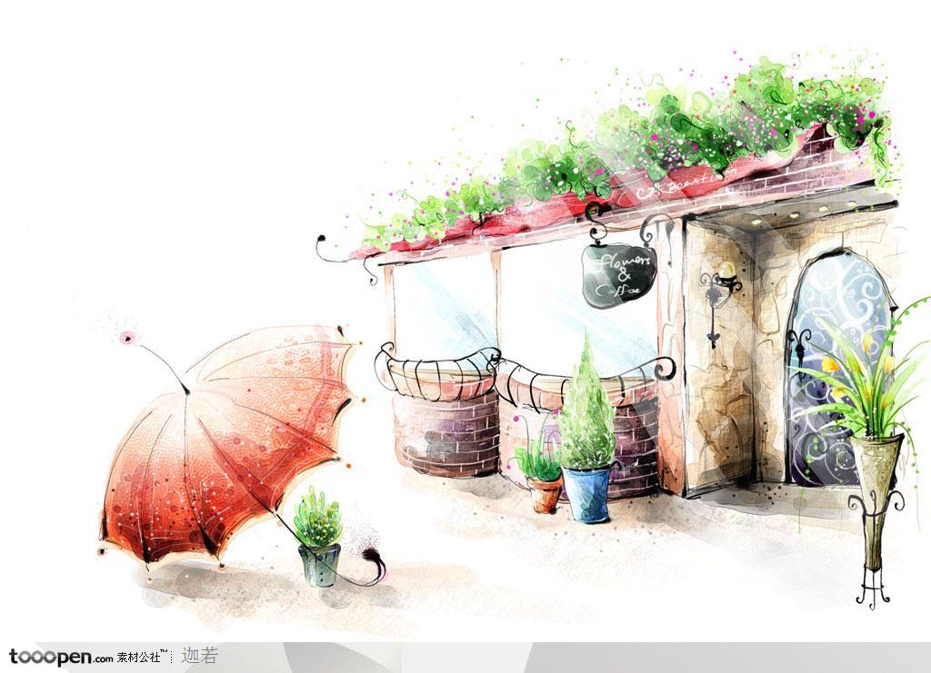 手绘倒在咖啡屋外地上的伞和晴天风景