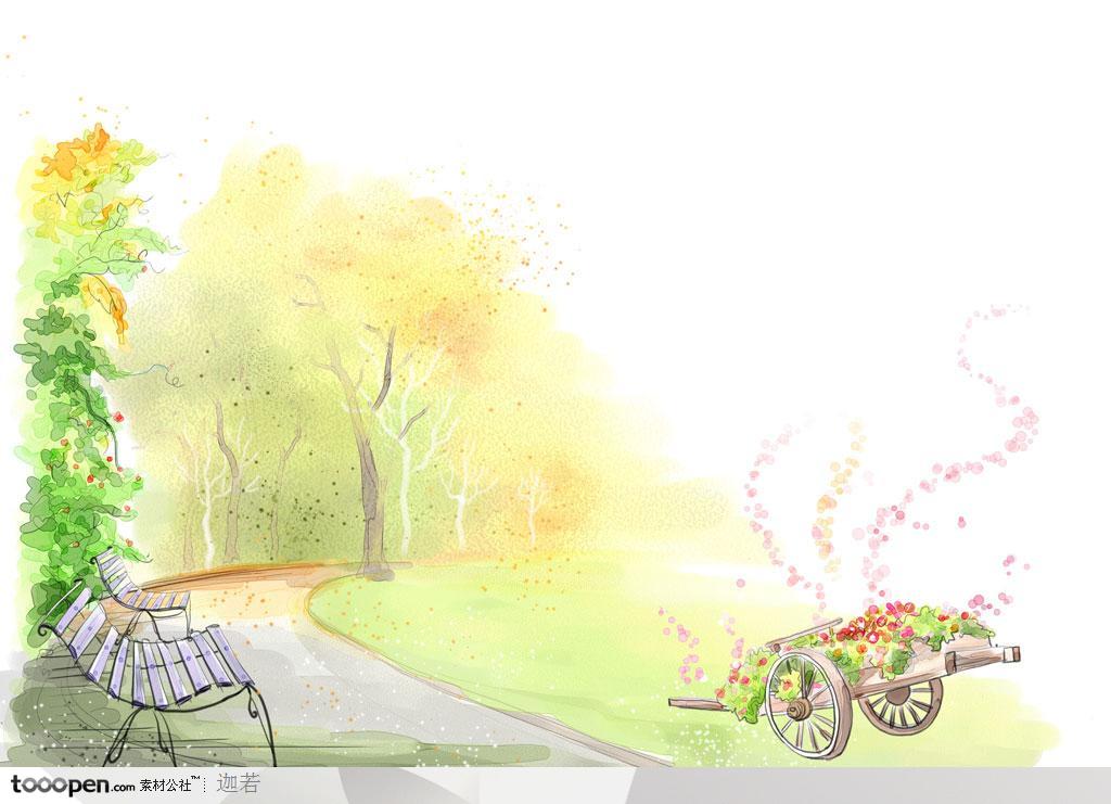手绘公园休闲长椅和堆放着鲜花的木板车