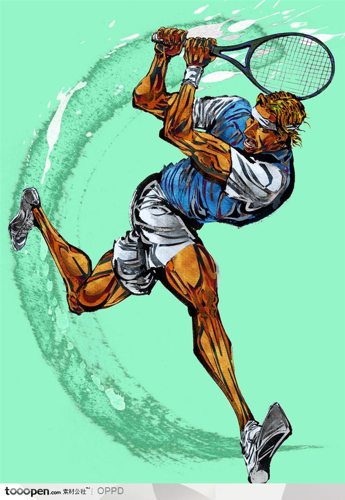 体育馆运动中心展板-手绘水彩国家级男子网球运动员
