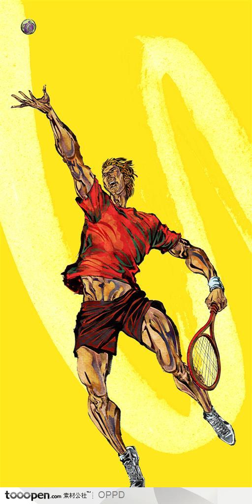 体育馆运动中心展板-手绘水彩国家级男子网球运动员挥拍