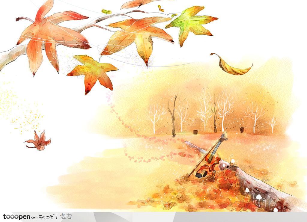 手绘秋季树林风景背景
