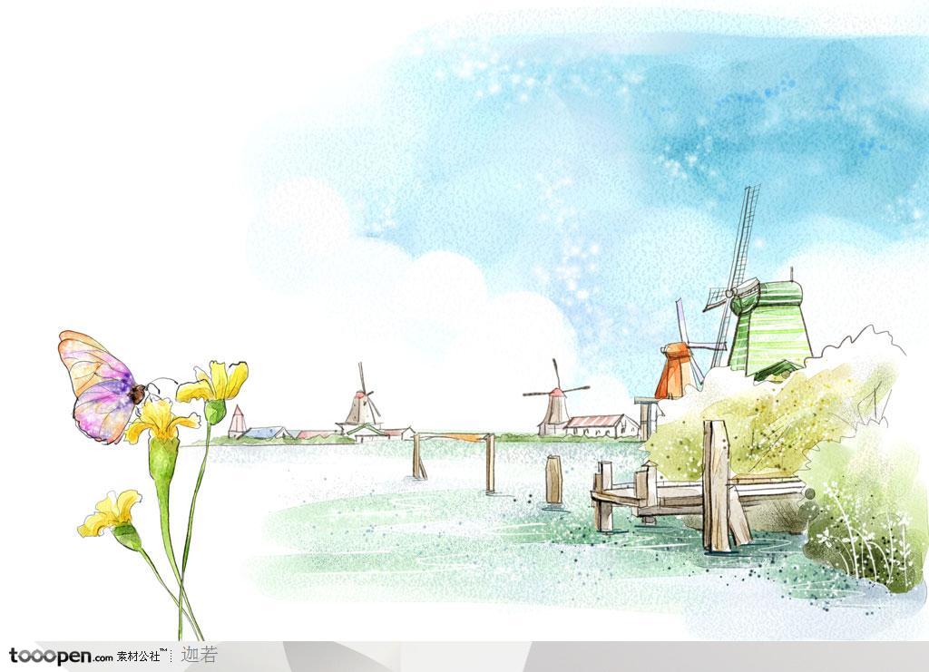 手绘湖边风车和盛开的花卉