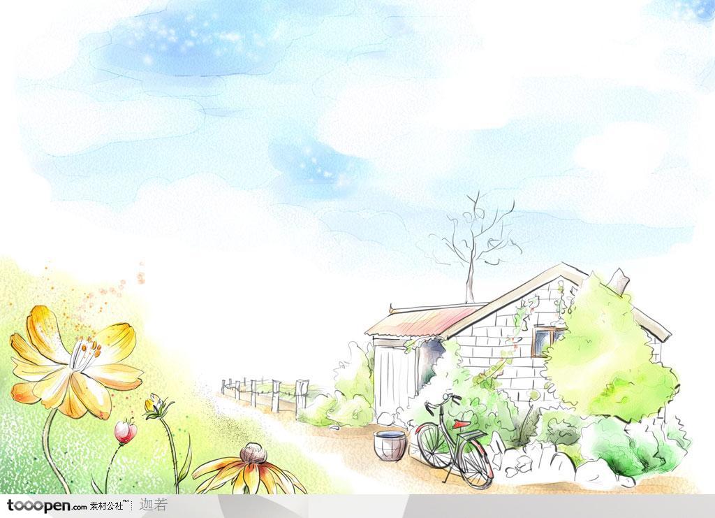 手绘小路边的房子和盛开的黄色花卉