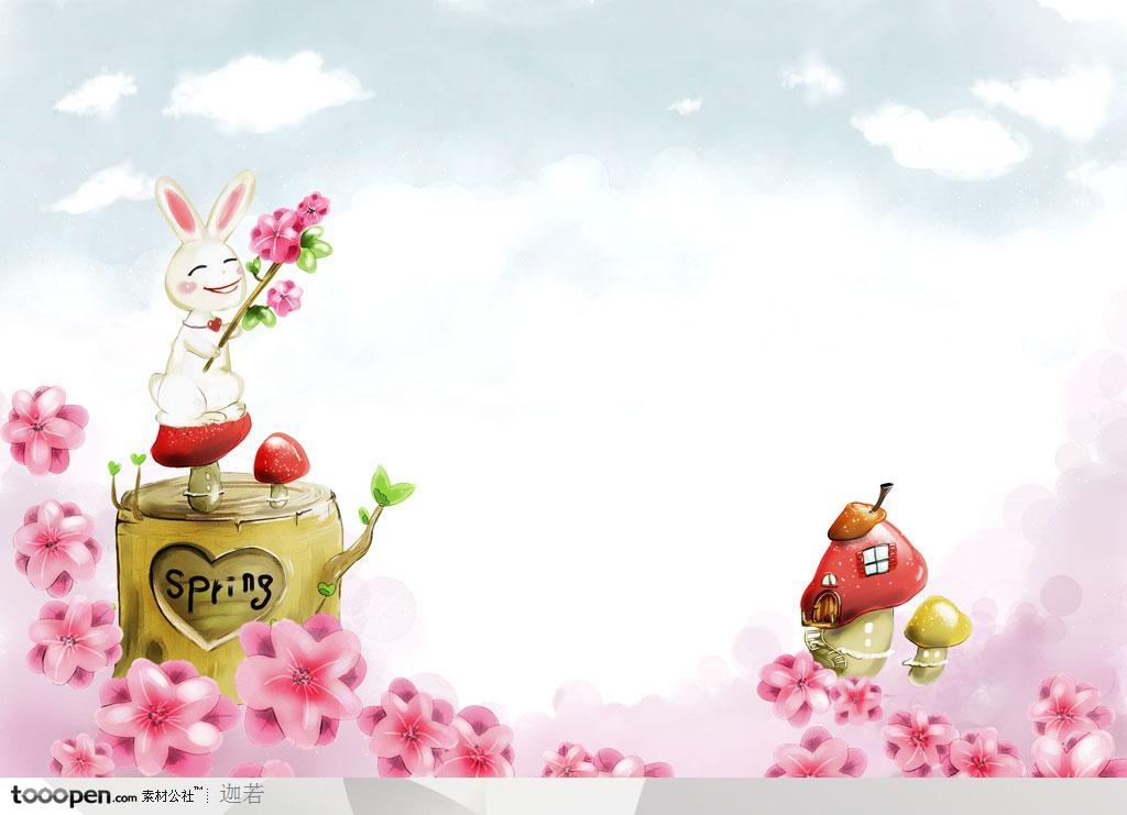手绘站在发出嫩芽的树桩上的可爱小兔子和红色花卉背景