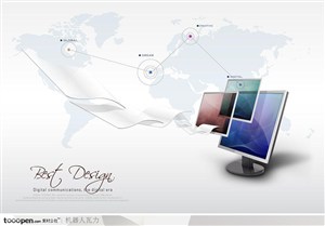 创意商业设计-多重显示器屏幕与世界地图背景