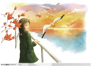 手绘站在栏杆旁看海的女孩和飞翔的海鸥