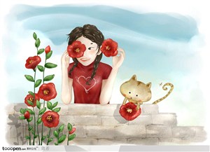 手绘拿着红色花朵的女孩