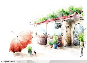 手绘倒在咖啡屋外地上的伞和晴天风景