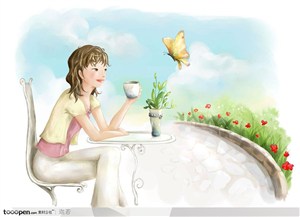 手绘坐在桌旁端着白色茶杯看风景的女孩