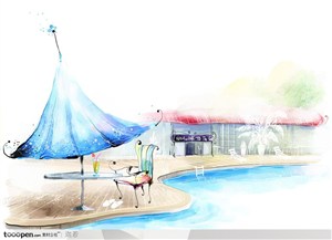 手绘游泳池旁的遮阳伞休息区