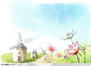 手绘风车房子和路边盛开的花卉