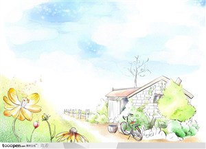 手绘小路边的房子和盛开的黄色花卉