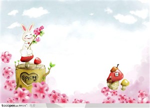 手绘站在发出嫩芽的树桩上的可爱小兔子和红色花卉背景