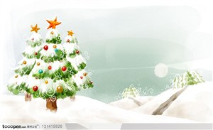 手绘风景-水彩画圣诞节的圣诞树