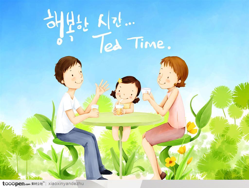 手绘插画-卡通漫画儿童展板素材-公园里喝茶的一家
