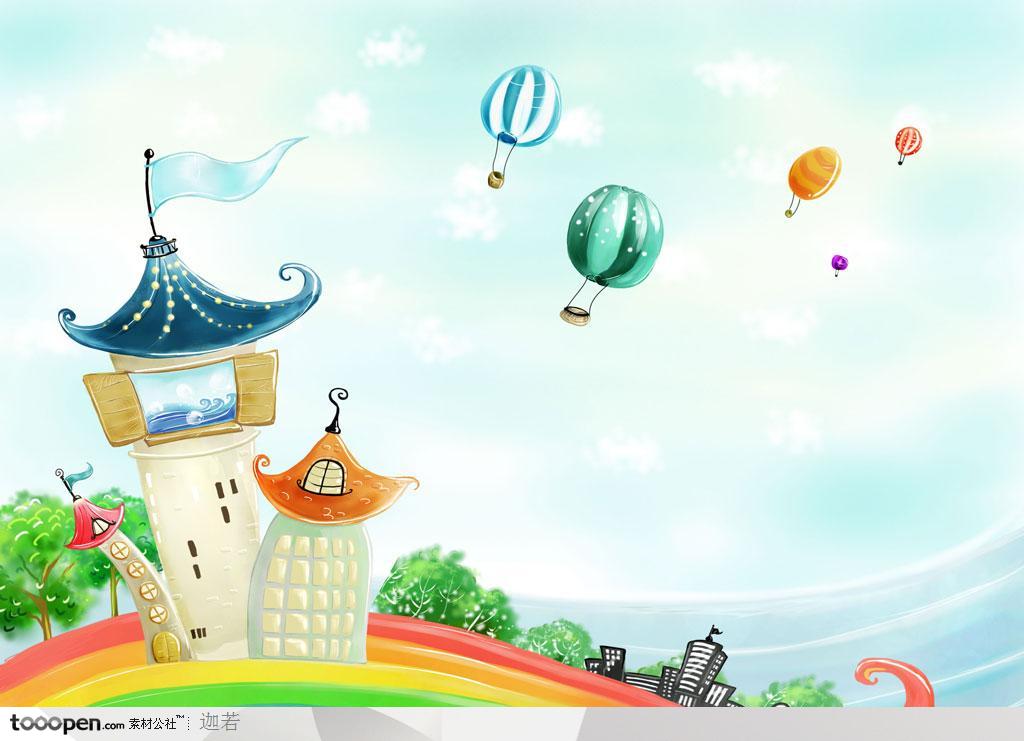手绘卡通小房子和漂浮的热气球