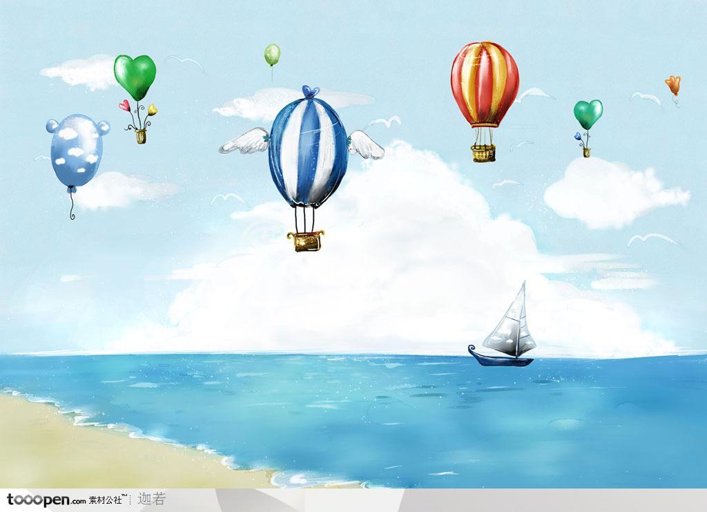 手绘漂浮在蓝色海上空的彩色热气球和海上的帆船