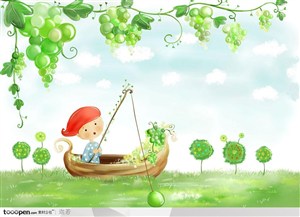 手绘拿着钓竿在小船里钓绿色葡萄的儿童