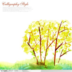 手绘水彩插画春夏茂盛的水墨银杏树树林装饰