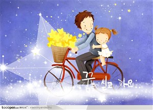 手绘插画-卡通漫画儿童展板素材-星空下骑自行车的父母