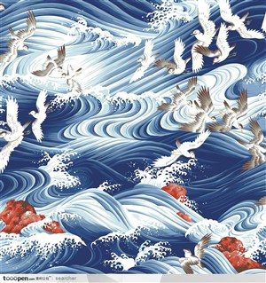 手绘插画--海浪中飞翔的海鸟